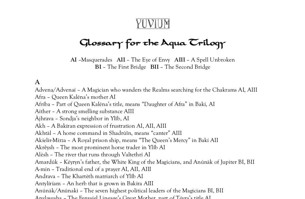 Glossary for the Aqua Trilogy - Yuvium